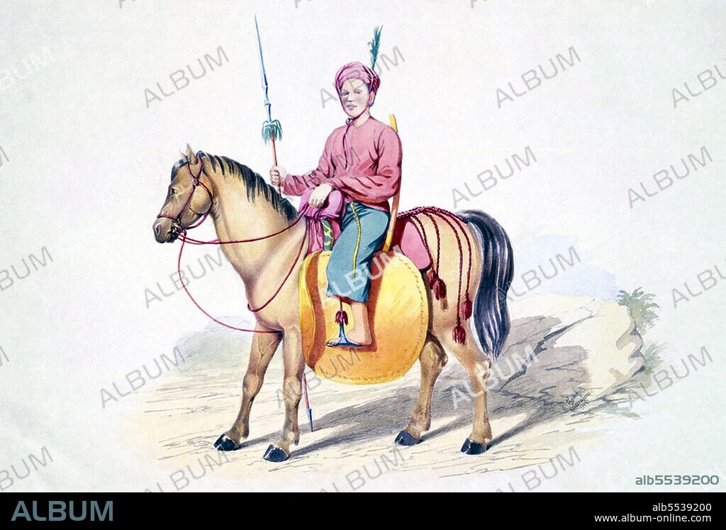 Watercolour with pen and ink of a Manipuri horseman (Kathe). The horseman in this portrait came from Manipur in the northeast of India and was known by the Burmese as Kathé. In 1826, Manipur became a state within the British Raj.  Colesworthy Grant was unimpressed with the Burmese cavalry. He wrote that 'If the Infantry of the Burmese army disappointed expectation, the mounted portion yet more.for although there were many beautifully formed, powerful, and spirited [horses], very many more were of sorry appearance, as though of inferior blood, or badly fed. The men, believed to be principally or exclusively Munnipooreans, were strong enough looking, but miserably set off by their dress and equipments. Their clothes were of the same coarse quality as those of the foot soldiers, and their arms consisted of a short spear, and the customary sword slung at their backs'.