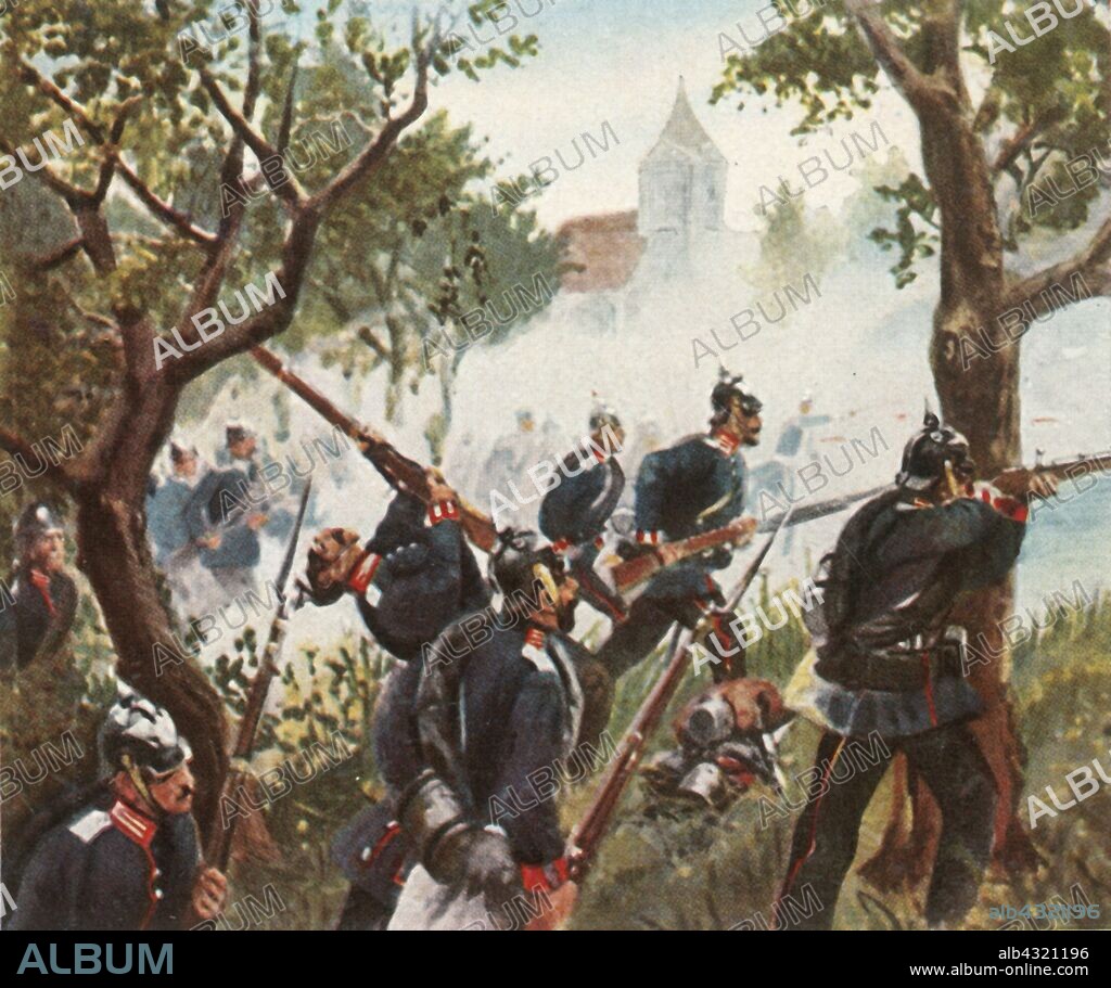The Battle of Königgratz, 3 July 1866, (1936). 'Die Schlacht Bei Königgratz, 3 Juli 1866'. The Battle of Königgrätz took place near Königgrätz in Bohemia (modern-day Hradec Králové in the Czech Republic). It was the decisive battle of the Austro-Prussian War in which the Kingdom of Prussia defeated the Austrian Empire. From "Bilder Deutscher Geschichte", (Pictures of German History), No.12, cigarette card album. [Cigaretten-Bilderdienst, Altona-Bahrenfeld, Hamburg, Germany, 1936].