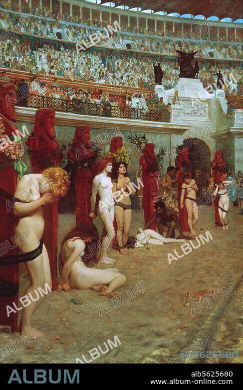 HERBERT SCHMALZ. Schmalz, Herbert. 1857-1935. "Faithful unto Death, Christianes ad Leones!" (Treu bis in den Tod), 1888. (Christen in der Arena zur Zeit Kaiser Neros). Öl auf Leinwand, 162,6 × 110,5 cm. Horst M. Rechelbacher.