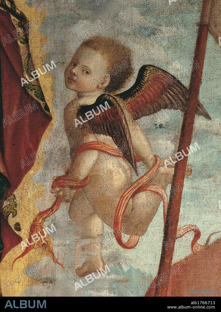 Legend of St Ursula. Apotheosis of St Ursula, by Vittore Carpaccio, 1491, 15th Century, oil on canvas, cm 481 x 335. Italy, Veneto, Venice, Accademia Art Galleries, cat. 576. Detail. Angel putto wings ribbon. Authorization required for non editorial use.