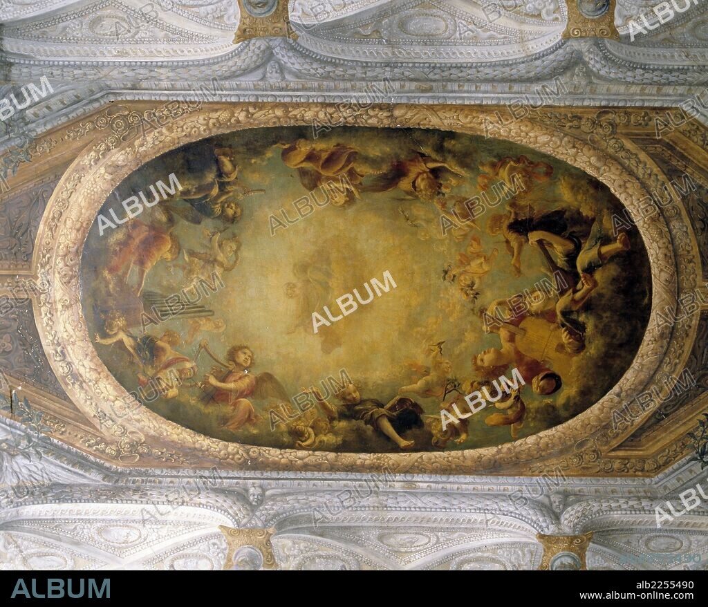 MADRID. CONVENTO DE LAS DESCALZAS REALES. PINTURA EN LA BOVEDA DE LA ESCALERA REALIZADA EN EL SIGLO XVII POR DIVERSOS PINTORES COMO CLAUDIO COELLO , ANTONIO DE PEREDA Y EL ITALIANO MITELLI. PATRIMONIO NACIONAL.