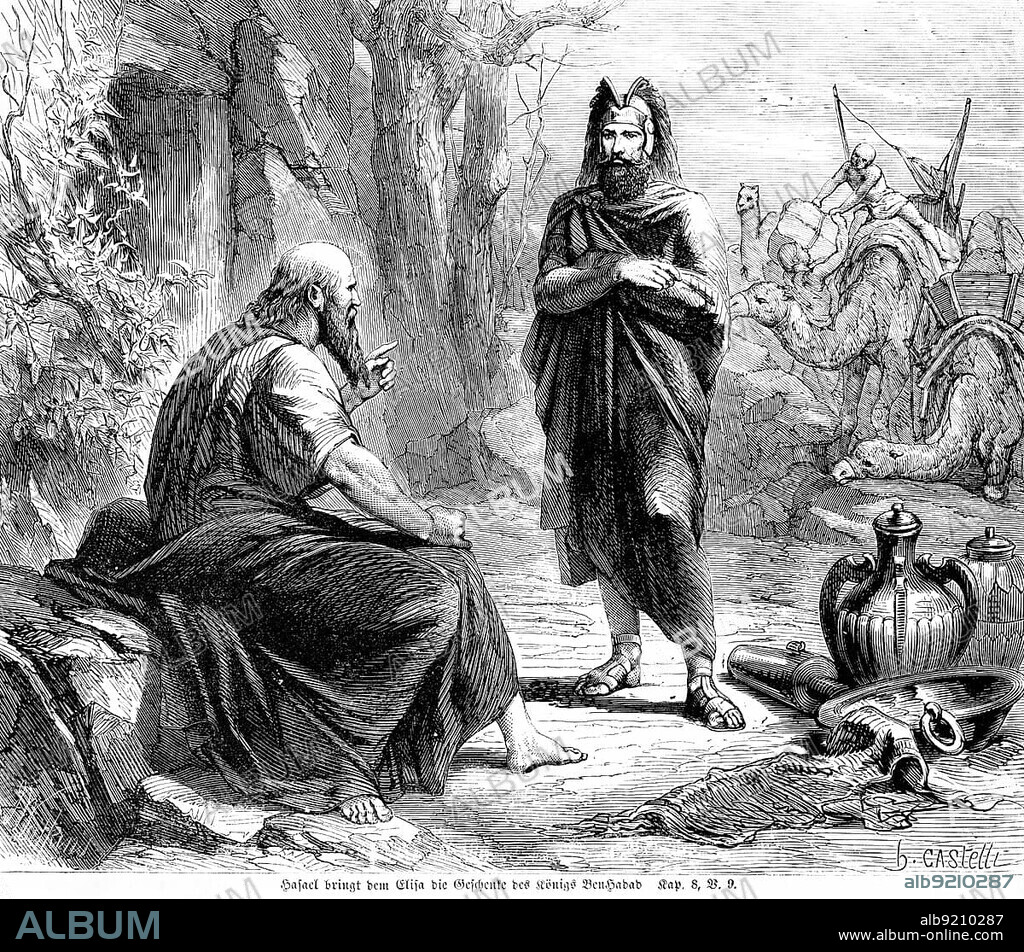 Hazael brings the gifts of King BenHadad to Elisha, Damascus, forty camels, Syria, sickness, heal, ask, talk, sit, Bible, Old Testament, Second Book of Kings, chapter 8, verse 9, historical illustration c. 1850, Near East, Asia.