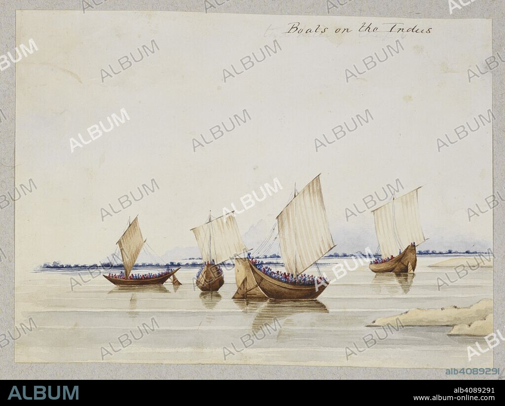 â€˜Boats on the Indusâ€™. Album of 212 drawings and 11 lithographs depicting costume, occupations, scenery and buildings in Sind, Cutch and Bombay. 1830 to 1845. The majority of the sketches are by Thomas Postans, but a few (e.g. f 76a) are by his wife, Marianne. 1830 - 1845. Source: WD 485, f.33b.