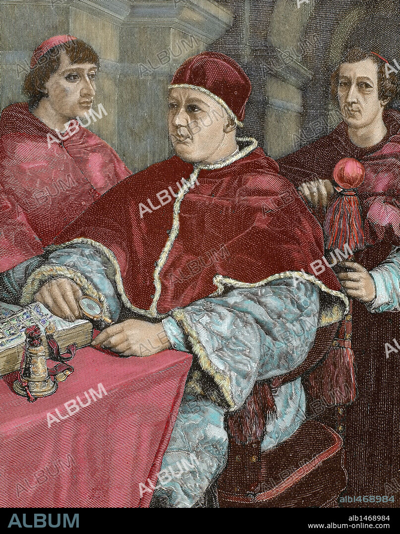 LEON X (Florencia, 1475-Roma, 1521). Papa florentino (1513-21), de nombre Giovanni de Medici. Hijo de Lorenzo el Magnífico y promovido al cardenalato (1489). Fue hecho prisionero por los franceses (1511). Prosiguió las tareas del V concilio de Letrán. "EL PAPA LEON X ACOMPAÑADO DE SUS CARDENALES MEDICIS Y ROSSI". Grabado coloreado, de S. Jesi.