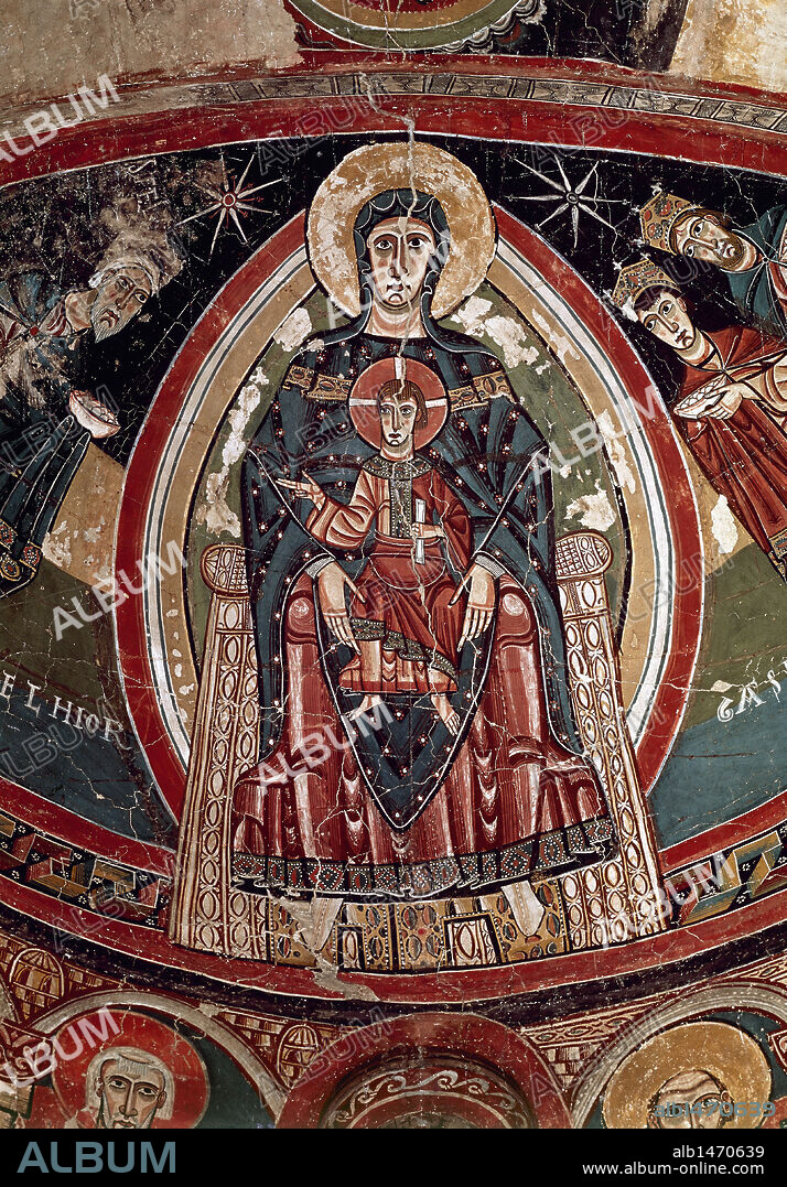 MAESTRO DE SANTA MARIA. ARTE ROMANICO. ESPAÑA. EPIFANIA (h.1123). LA VIRGEN MARIA CON EL NIÑO FLANQUEADA POR LOS REYES MAGOS. Detalle de las PINTURAS MURALES DEL ABSIDE DE LA IGLESIA DE SANTA MARIA DE TAÜLL (provincia de Lleida). Museo Nacional de Arte de Cataluña (MNAC). Barcelona. Cataluña.