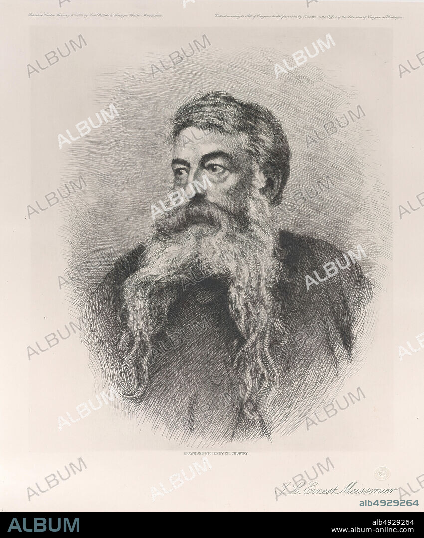 Charles Courtry, Portrait of I.L. Ernst Meissonier, Charles Courtry (French, Paris 18461897 Paris), Ernest Meissonier (French, Lyons 18151891 Paris), 1884, Etching, Plate: 14 1/16 × 11 7/8 in. (35.7 × 30.1 cm), Sheet: 18 3/16 × 13 1/2 in. (46.2 × 34.3 cm), Prints.