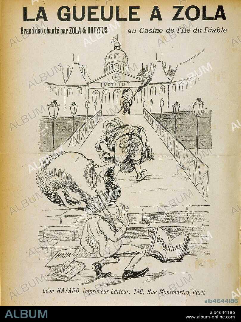 Partition musicale illustree: 'la gueule à Zola' (La Mouquette montre son derriere a Zola qui s'appretait a passer le pont de l'Institut qui mane a l'Academie francaise, et en laisse choir son bagage litteraire), ( paroles de J.F. Latrique) editee par Léon Hayard, c. 1898. Credit:Credit : Collection Grob/KHARBINE-TAPABOR.