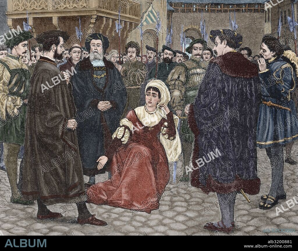 Anne Boleyn (1507-1536), Queen of England (1533-1536) as the second wife of Henry VIII, led to the gallows to be executed by beheading after being accused by her husband of treason and infidelity. Engraving. 19th century. Colored.