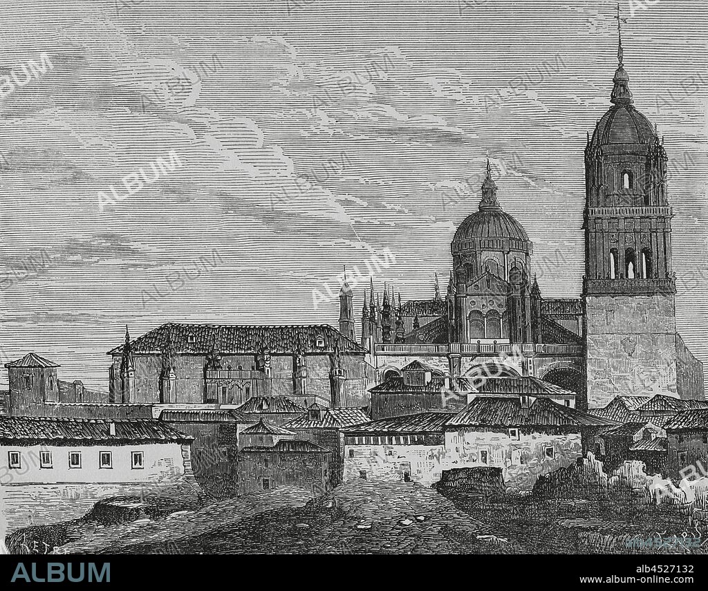 Spain, Salamanca. The New Cathedral. It was erected in the 16th century and finished in 1733 by the Churriguera brothers. Illustration by Letre. Engraving by Capuz, 19th century. Cronica General de Espa–a, Historia Ilustrada y Descriptiva de sus Provincias. Asturias and Leon, 1867.