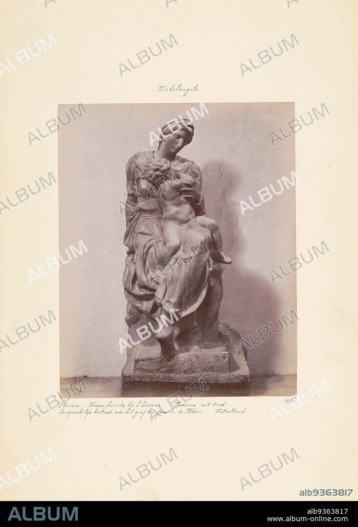 Virgin Mary with Child by Michelangelo in front of the Sagrestia Nuova of the Basilica of St. Lawrence in Florence, Michelangelo. Florence, New Sacristy at S. Lorenzo. Madonna and Child. (title on object), anonymous, Sint-Laurensbasiliek, c. 1875 - c. 1900, cardboard, albumen print, height 243 mm × width 196 mm.