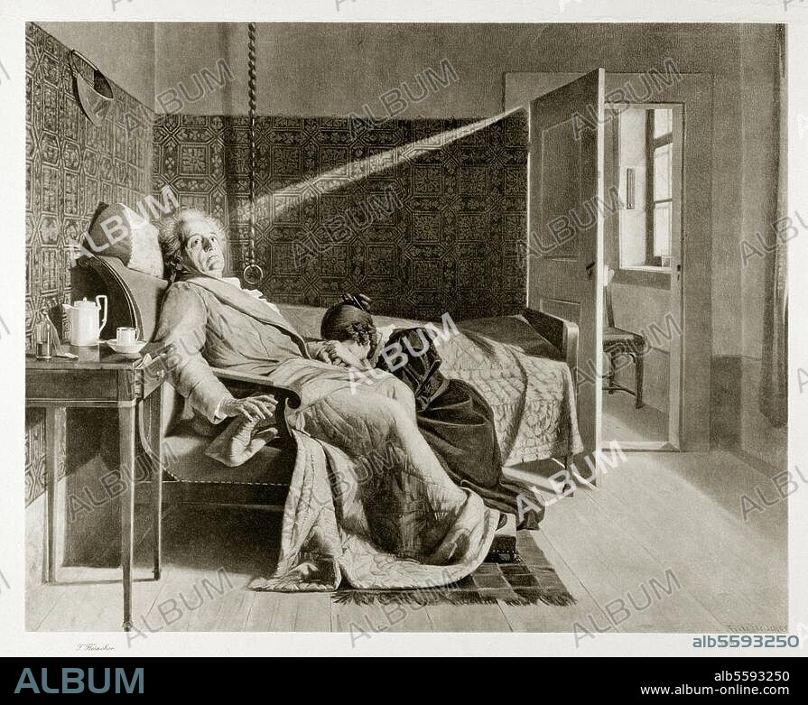 Goethe, Johann Wolfgang von. 1749-1832. "Mehr Licht!" (Goethes letzte Worte; Tod in Weimar am 22. März 1832; am Sterbelager Ottilie von Goethe). Gemälde, um 1900, von Fritz Fleischer. (geb. 1861).