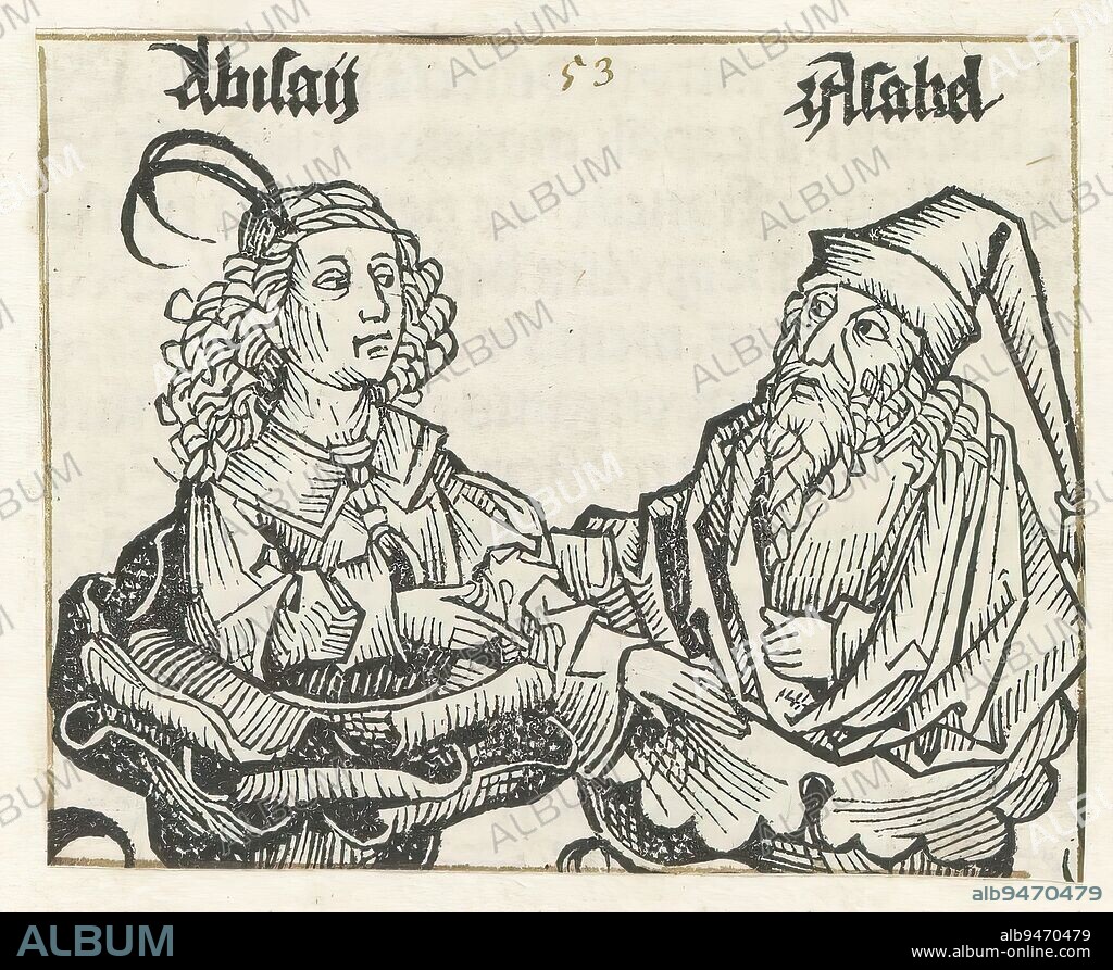 Abisai and Asael, Abisaij / Asahel (title on object), Liber Chronicarum (series title), Two flower calyxes with a man. The one on the left has loose hair and two feathers in his hair. The one on the right wears a pointed hat. The text identifies the men as Abisai and Asael. The depiction is a fragment of the genealogy of Christ in the Liber Chronicarum. The print is part of an album., print maker: Michel Wolgemut, (workshop of), print maker: Wilhelm Pleydenwurff, (workshop of), Neurenberg, 1493, paper, letterpress printing, height 71 mm × width 87 mm.