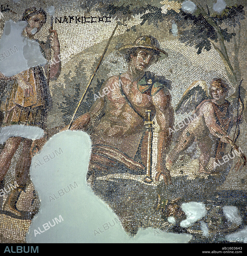 Narcissus and Echo  Mosaic found at Antioch  Roman Art  Hatay Archaeological Museum, Antakya, Turkey.