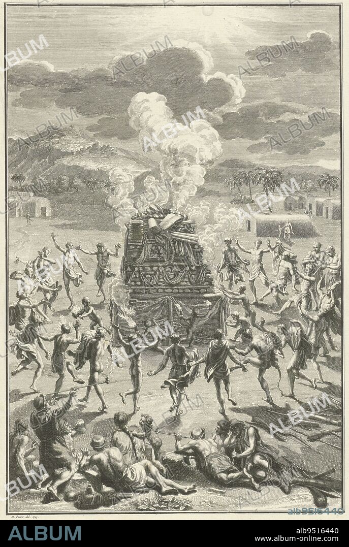 Original inhabitants of Canada sacrifice to Gitche Manitou, Bernard Picart (workshop of), after Bernard Picart, 1723, Representation of a religious ritual of original inhabitants of Canada (possibly Anishinaabe). The people make an offering to Gitche Manitou, or the 'Great Spirit. They dance around a pyre., print maker: Bernard Picart, (workshop of), intermediary draughtsman: Bernard Picart, (mentioned on object), Amsterdam, 1723, paper, etching, engraving, h 334 mm × w 217 mm.