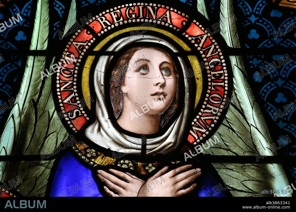 Notre-Dame Saint-Lazare collegiate church. Stained glass window. Virgin Mary. Avallon, France.