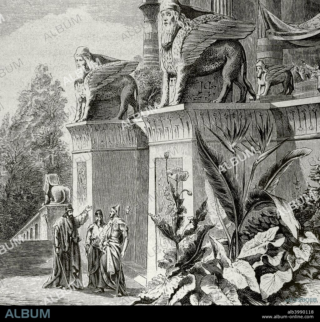 Assyrian civilization. Mesopotamia. Assyrian empire Government, religion and customs. Engraving. La Civilizacion (The Civilization), volume I, 1881.