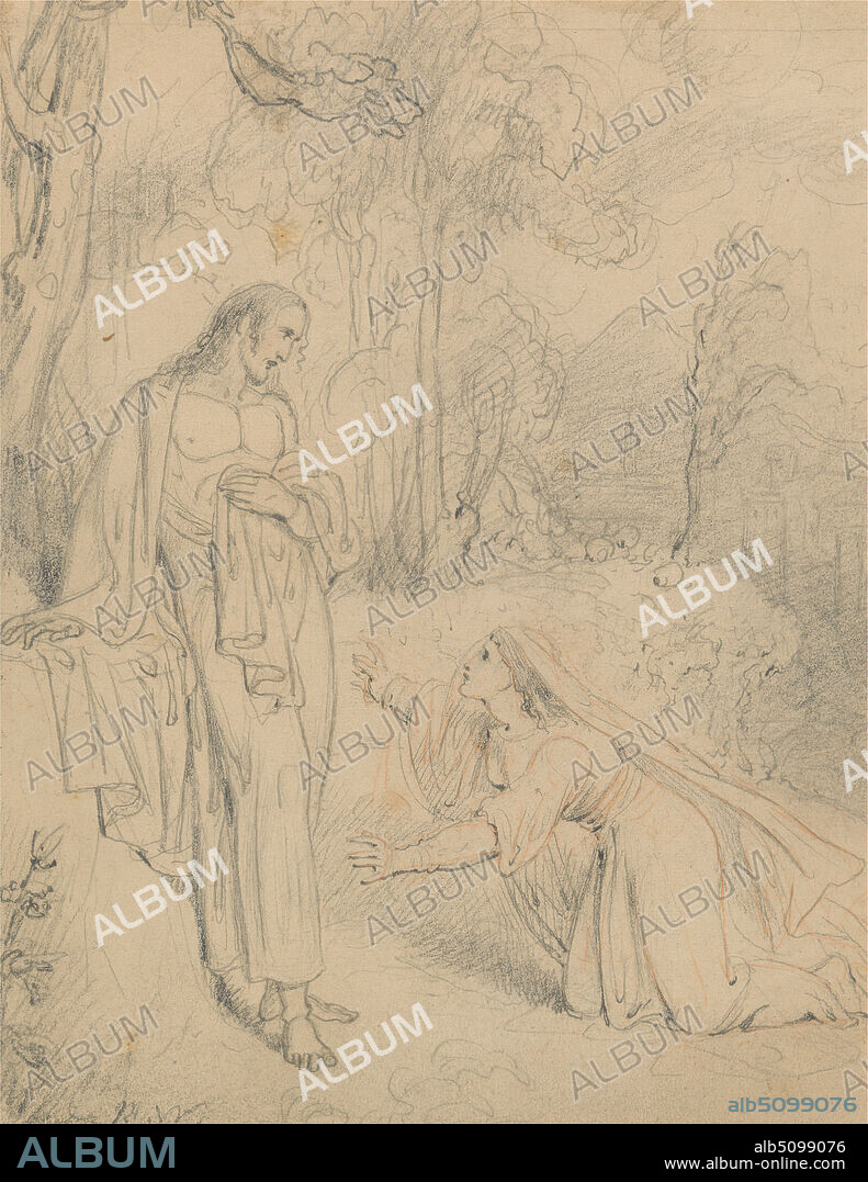 Christ Appears to Mary Magdalene (John 20:13-14), Richard Westall, 17651836, British, before 1836, Graphite with red pencil on medium, smooth, cream wove paper, Sheet: 5 3/4 x 4 3/8 inches (14.6 x 11.1 cm) and Contemporary drawn border: 7 3/4 x 6 3/8 inches (19.7 x 16.2 cm), cape, dress, garden, hill, illustration, man, miracle, New Testament, religious and mythological subject, sash, trees, veil, vision, woman.