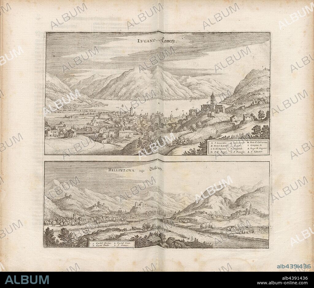 Lugano - Lowertz and Bellinzona - Bellentz, Lugano and Bellinzona in the canton of Ticino, Fig. 55, according to p. 60, Matthaeus Merian der Ältere: Topographia Helvetiae, Rhaetiae, et Valesiae: das ist, Beschreibung und eygentliche Abbildung der vornehmsten Stätte und Plätze in der hochlöblichen Eydgnossschafft, Graubündten, Wallis, und etlicher zugewandten Orthen. Franckfurt am Mayn: zum Truck verlegt von denen Merianischen Erben, im Jahr M DC LIV. [1654].