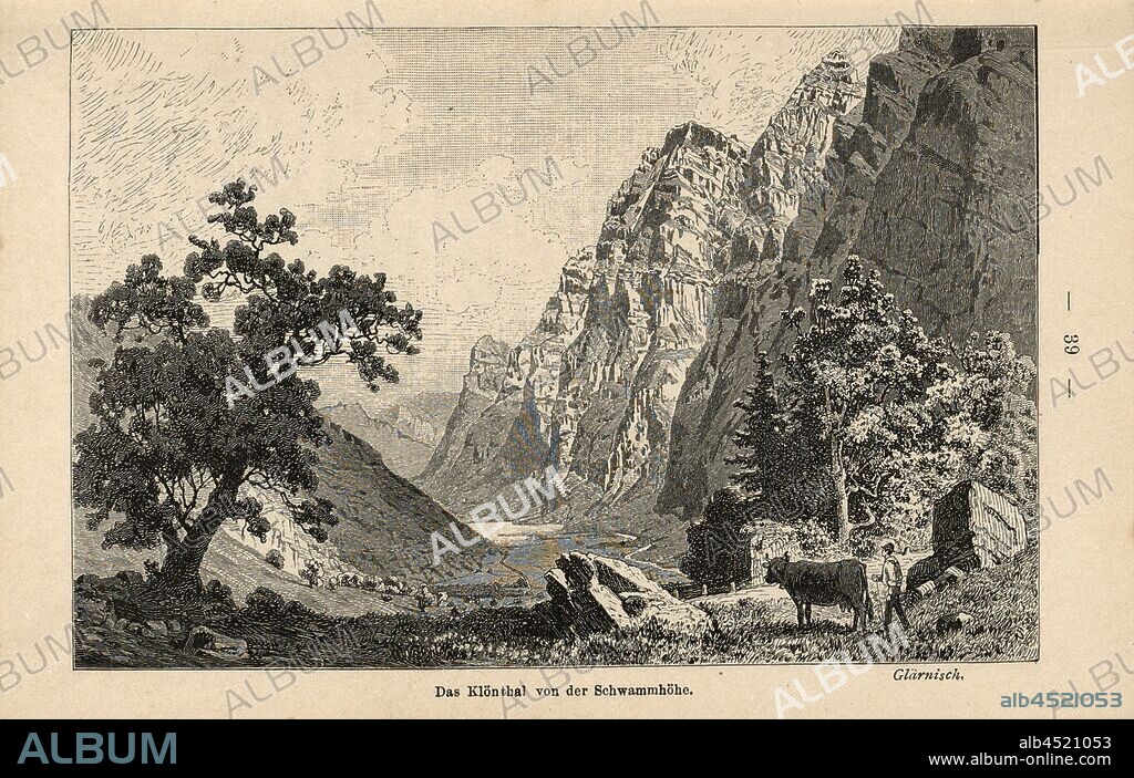 The Klönthal from the sponge height, Klöntal and Glärnisch in the Canton of Glarus, Fig. 12, p. 39, Weber, Johannes (del.); Orell Füssli & Co. (exc.), 1884, Ernst Buss: Glarnerland und Walensee. Zürich: Verlag, Druck und Illustration von Orell Füssli & Co., [1885].