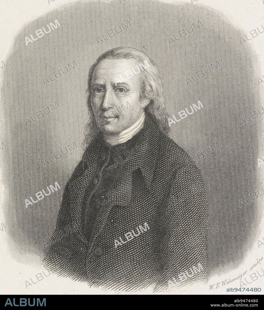 Portrait of Matthias Claudius, German poet and journalist. Beneath the image is the signature of the man portrayed., print maker: Willem Frederik Wehmeyer, (mentioned on object), publisher: Arie Cornelis Kruseman, (mentioned on object), print maker: Amsterdam, (possibly), publisher: Haarlem, 1842 - 1873, paper, etching, engraving, h 172 mm - w 128 mm.