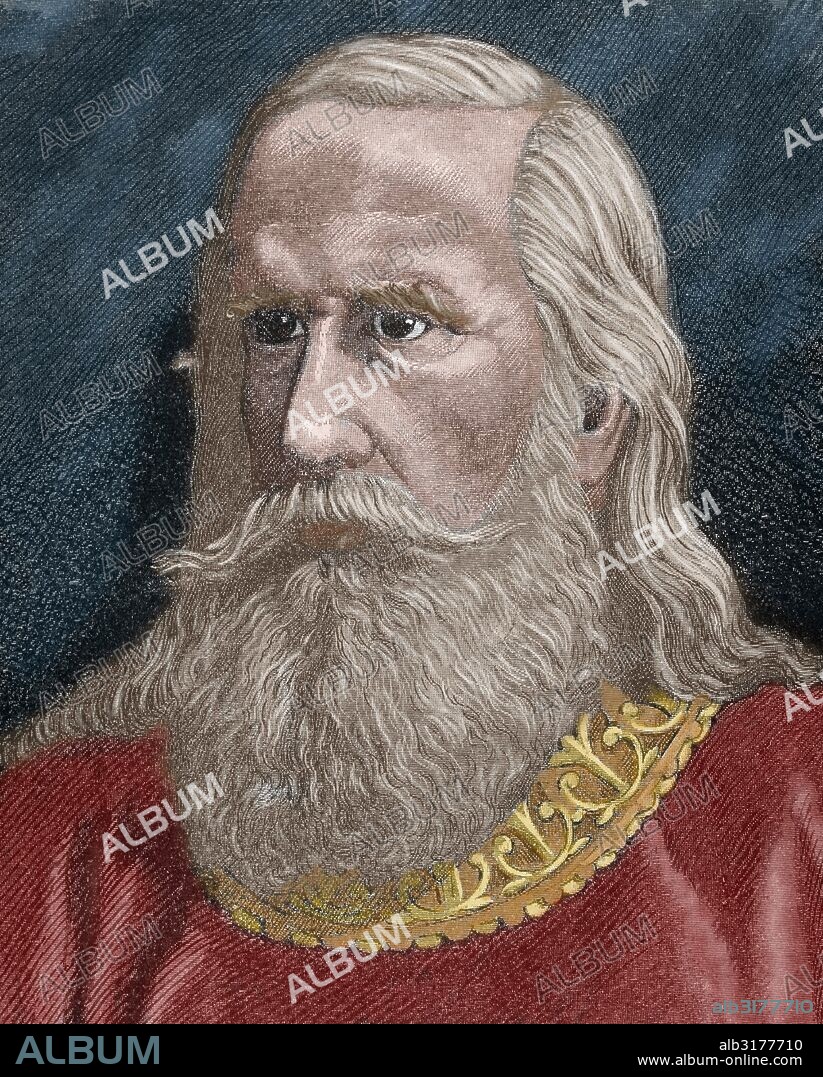 ALFONSO II "el Casto" (Oviedo, 760-Oviedo,842). Rey de Asturias (791-842). Hijo de Fruela I y Munia. Fue destronado por su tío Mauregato (783-788) y tuvo que refugiarse en Alava. Posteriormente, Bermudo I "el Diácono" abdicó en él. Grabado por Serra Pausas en 1882. Coloreado.