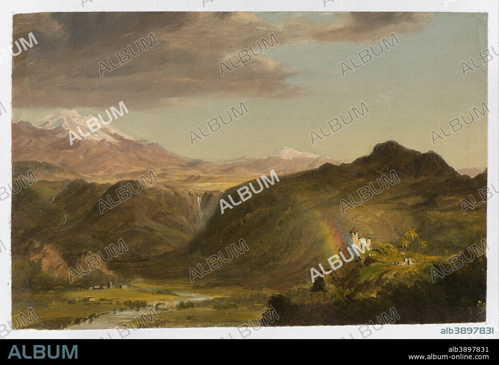 FREDERIC EDWIN CHURCH. South American Landscape. Date/Period: 1854. Drawing. Brush and oil paint, traces of graphite on thin paperboard. Height: 281 mm (11.06 in); Width: 431 mm (16.96 in).