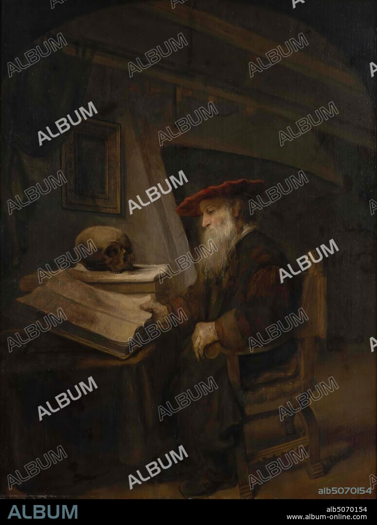 painting, Karel van der Pluym, 1655, Signature front, top center, on the beam: CvdPluym 1.6.5.5. [CvdP together], panel, oil paint, painted, Carrier: 54.5 × 41.5 × 0.5cm 545 × 415 × 5mm, With frame: 71 × 58 × 4.5cm 710 × 580 × 45mm, book, skull, man, interior, painting depicting a philosopher. On an armchair, to the left, is a gray man with a long gray beard. He rests his left hand on the armrest of his armchair and he leafs with his right hand in a large foliant, which with some other books and a skull lies on a cloth-covered table in front of him. The man is wearing a red beret on his head and he is dressed in a brown tab. On the left is a semi-recessed curtain and a mirror hangs from the back wall; more to the right a fireplace. The top corners are arched. Signed on the bar. The painting is in a wooden frame, 1899.