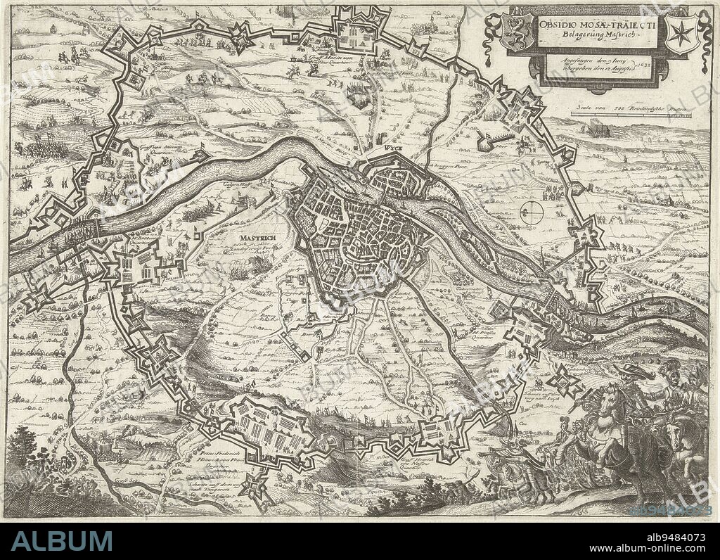 Map of the siege of Maastricht by the State army under Stadtholder Frederik Hendrik, 9 June to 21 August 1632 Enclosure of the city with the various army camps of the besiegers Bottom right the stadholder with officers on horseback, Siege of Maastricht, 1632 Obsidio Mosae-Trajecti Belagerung Mastrich Angefangen den 9 Junij , print maker: anonymous, Claes Jansz. Visscher (II), (workshop of), Germany, 1632, paper, etching, engraving, h 274 mm × w 377 mm.