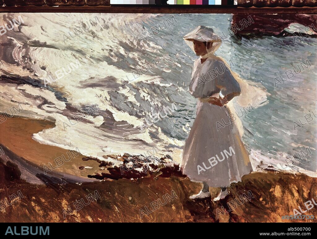 JOAQUIN SOROLLA. Maria on the beach, Biarritz, Oil on canvas, 63 x 92 cm, 1906.