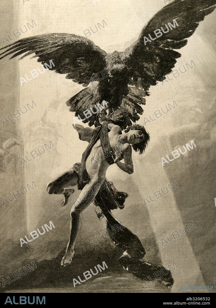 GANIMEDES. Joven que fue arrebatado de la Tierra por el águila de Zeus, y llevado al Olimpo, donde escanciaba el néctar a los dioses. "RAPTO DE GANIMEDES". Grabado de Brendamour, siglo XIX.
