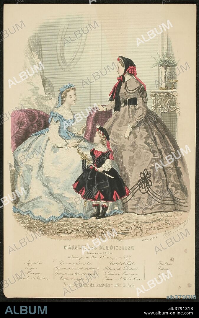 ADÈLE ANAÏS COLIN TOUDOUZE y J. DESJARDINS. Adèle Anaïs Colin Toudouze; J. Desjardins / 'Anuncio de moda de París'. 1865. Litografía a pluma, Iluminada sobre papel avitelado, 244 x 160 mm.