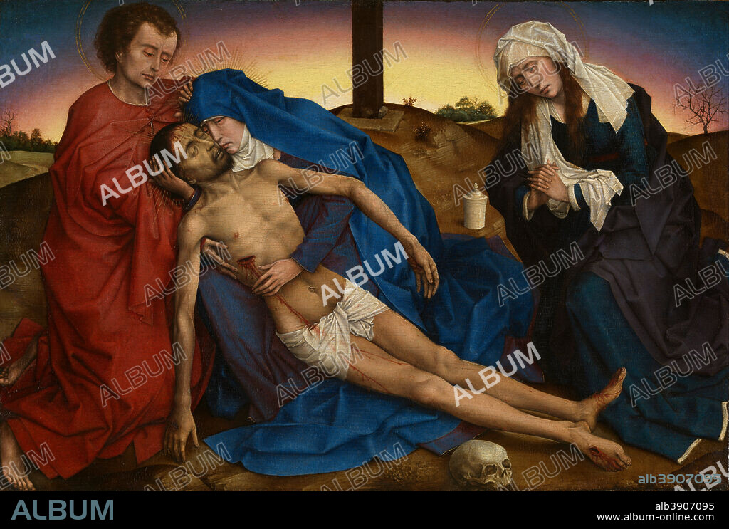 ROGIER VAN DER WEYDEN. Pietà. Date/Period: 1436 - 1446. Painting (panel). Oak. Height: 325 mm (12.79 in); Width: 472 mm (18.58 in).