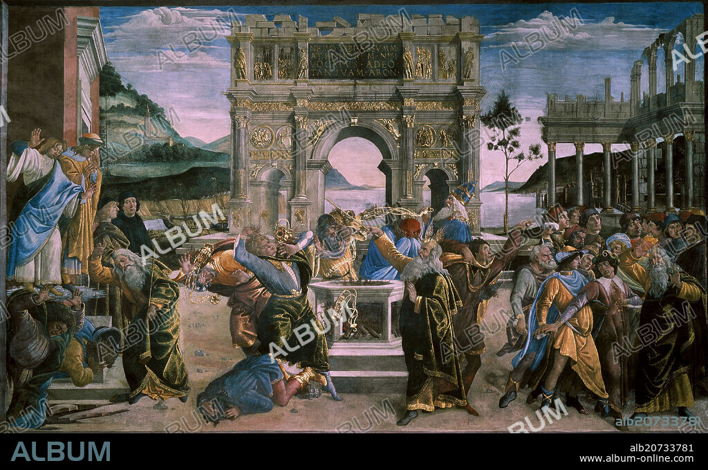 SANDRO BOTTICELLI. CASTIGO DE LOS REBELDES - MOISES CASTIGA A CORE DATAN Y A ABIRON - 1481–1482 - FRESCO - 348,5 × 570 cm - RENACIMIENTO ITALIANO.