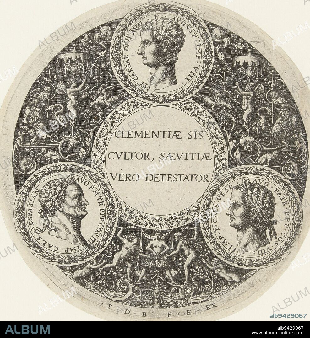 Medallion with Latin text in a wide border with grotesques on a dark ground. In this border are three medallions with effigies of Roman emperors. Sheet from series of 4 sheets, Medallion with top center Tiberius, bottom left Vespasian and bottom right Titus Clementiae Sis / Cvltor, Saevitae / Vero Detestator (title on object) Dishes (series title), print maker: Theodor de Bry, (mentioned on object), Theodor de Bry, publisher: Theodor de Bry, (mentioned on object), Netherlands, (possibly), c. 1588, paper, engraving, d 121 mm.