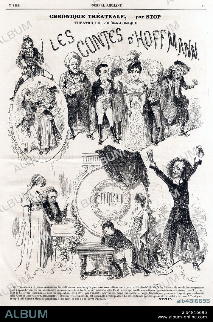 Les contes d'HOFFMANN de Jacques OFFENBACH (1819-1880) au Theatre de l'Opera-Comique. Caricature de STOP (1825-1899) pour sa Chronique theatrale tiree de Le Journal amusant du 19 mars 1881. Credit : Collection Grob/Kharbine-Tapabor.