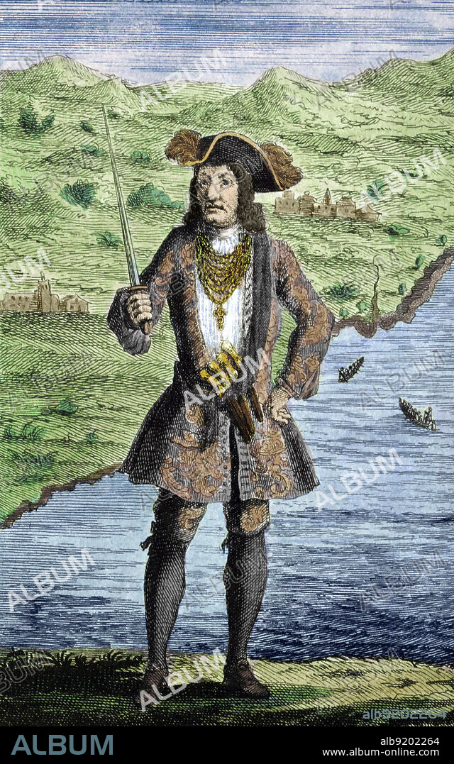 Bartholomew Roberts (1682-1722), born John Roberts, was a Welsh pirate and the most successful pirate of the Golden Age of Piracy, measured by vessels captured. Engraving by Benjamin Cole, circa 1724. Colorized.