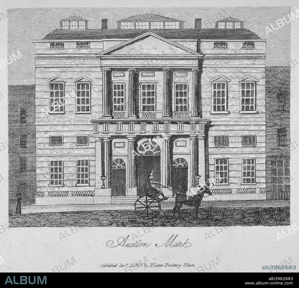 View of the Auction Mart in Bartholomew Lane, City of London, 1817. A horse-drawn carriage passes the building.