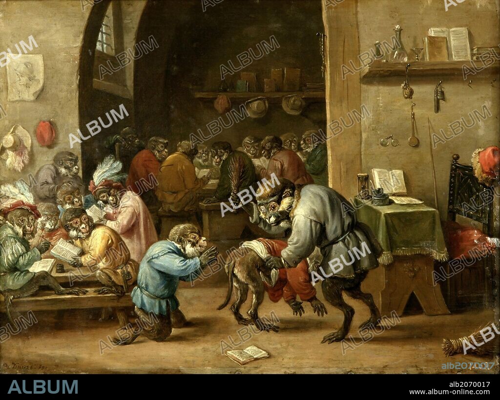 DAVID TENIERS EL JOVEN. David Teniers / 'Monos en la escuela', Hacia 1660, Escuela Flamenca, Óleo sobre Lámina de cobre, 25 cm x 34 cm, P01808.
