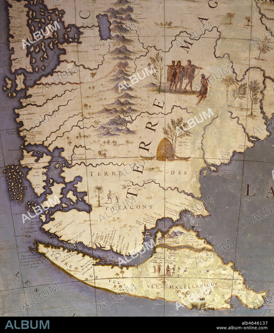 Carte du sud de la 'Terre magellanique avec la Terre des Patagons, la Terre de feu ou isle magellanique'. Detail du globe terrestre de CORONELLI Vincenzo (1650-1718) offert a Louis XIV en 1683. Credit: Larrieu-Licorne/KHARBINE-TAPABOR.