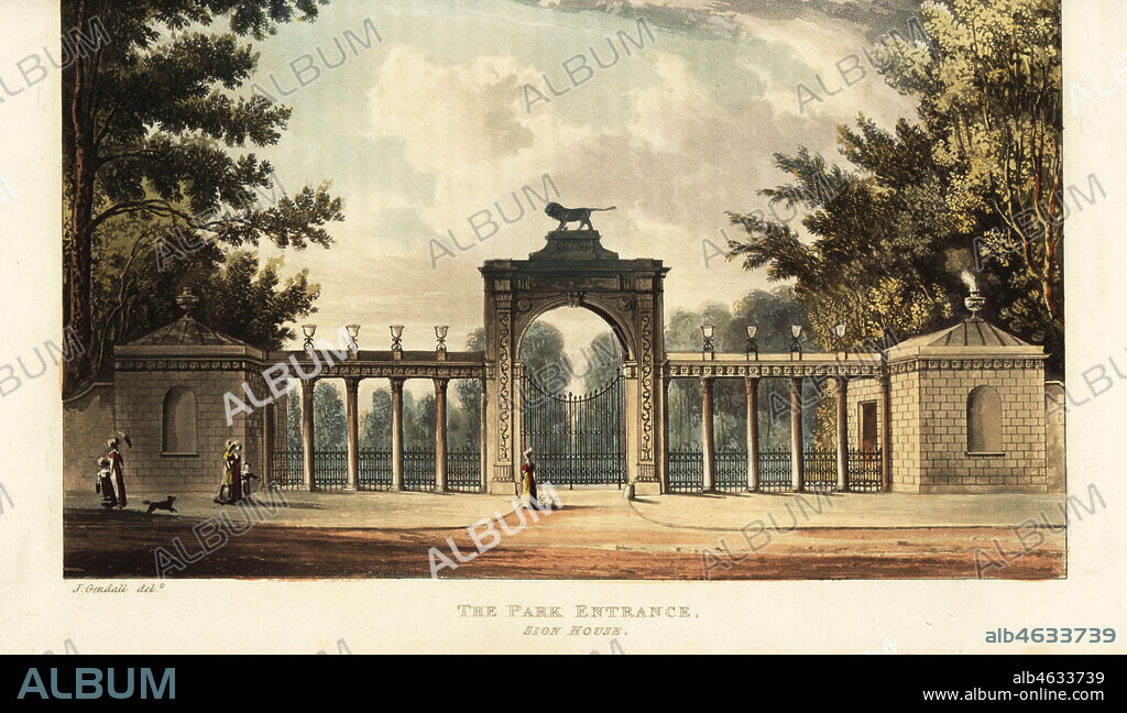 Park entrance to Sion House or Syon House, Isleworth, seat of the Duke of Northumberland, with gardens designed by Capability Brown. Handcoloured copperplate engraving after an illustration by John Gendall from Rudolph Ackermanns Repository of Arts, London, 1823.