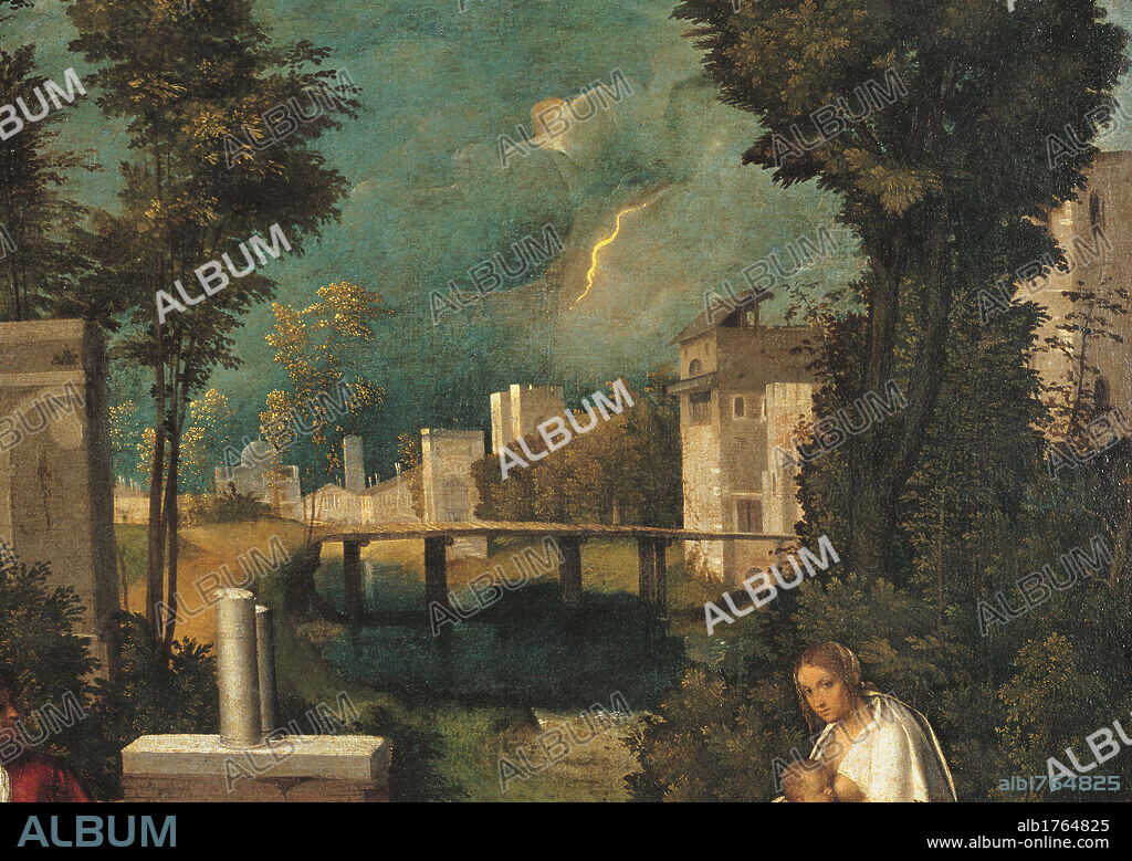 The Tempest, by Giorgio da Castelfranco known as Giorgione, 1505-1506 about, 16th Century, oil on canvas, cm 82 x 73. Italy, Veneto, Venice, Accademia Art Galleries. Detail. Ruins, young woman nymph face stormy sky lightning river landscape bridge trees. Authorization required for non editorial use.