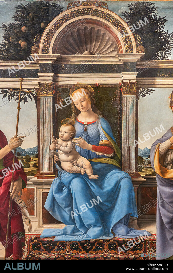 "Madonna and Child between St. John the Baptist and St. Donatus of Arezzo (Madonna di Piazza)", by Andrea Del Verrocchio (1435-1488) and Lorenzo di Credi, oil painting on panel. Detail.