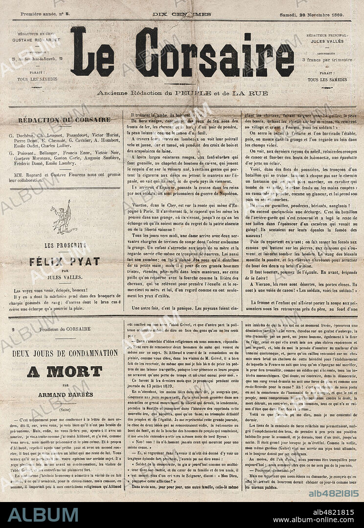Deux jours de condamnation a mort par Armand BARBES (1809-1870) en Une de Le Corsaire du 20 novembre 1869. Credit : Collection Kharbine-Tapabor.