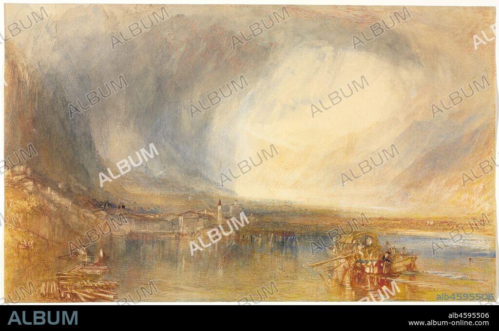 Flüelen, from the Lake of Lucerne, 1845. Turner?s magnificent Swiss watercolours, painted near the end of the artist?s life, represent the triumphant culmination of the golden age of British watercolour painting. Here, Turner seems to conjure the little town of Flüelen and its shimmering reflection out of violet-coloured mist. The swirling vortex of light underscores the grandeur of nature, while the inclusion of figures going about their daily lives within the vastness of the Alps is a reminder of the reality of the scene. The mature Turner is at his most majestic here-at the time he painted this view, he had become the great master of Romantic landscape painting in England.