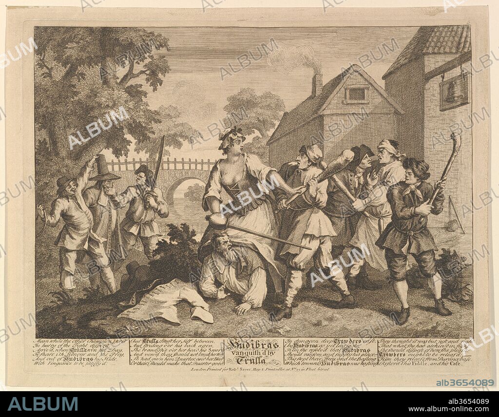Hudibras Vanquished by Trulla (Twelve Large Illustrations for Samuel Butler's Hudibras, Plate 5). Artist: William Hogarth (British, London 1697-1764 London). Author: Illustrates Samuel Butler (British, baptized Strensham, Worcestershire 1613-1680 Covent Garden). Dimensions: plate: 10 9/16 x 13 5/8 in. (26.9 x 34.6 cm)
sheet: 11 7/16 x 14 1/2 in. (29.1 x 36.8 cm). Publisher: Robert Sayer (British, Sunderland 1725-1794 Bath). Date: 1725-68.