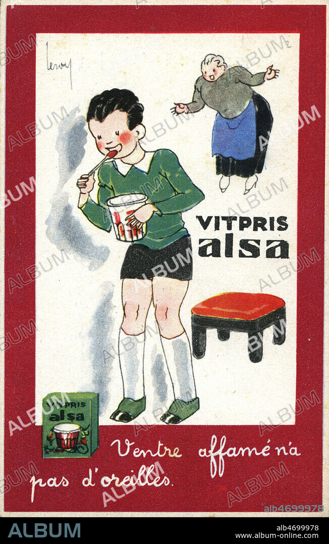 'Vitpris Alsa. Ventre affame n'a pas d'oreilles'. Un enfant mange de la confiture. Publicite pour de la pectine de fruits facilitant la fabrication des confitures. Catte postale vers 1930. Illustration par Leroy. Credit : IM/KHARBINE-TAPABOR.