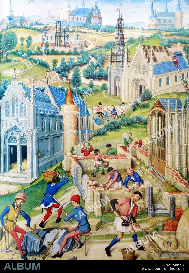 French manuscript the twelve churches in honour of the twelve Apostles. The construction of the large church in the foreground started at the east end, whilst the chancel is already finished, consecrated and in use. Dated 15th Century.