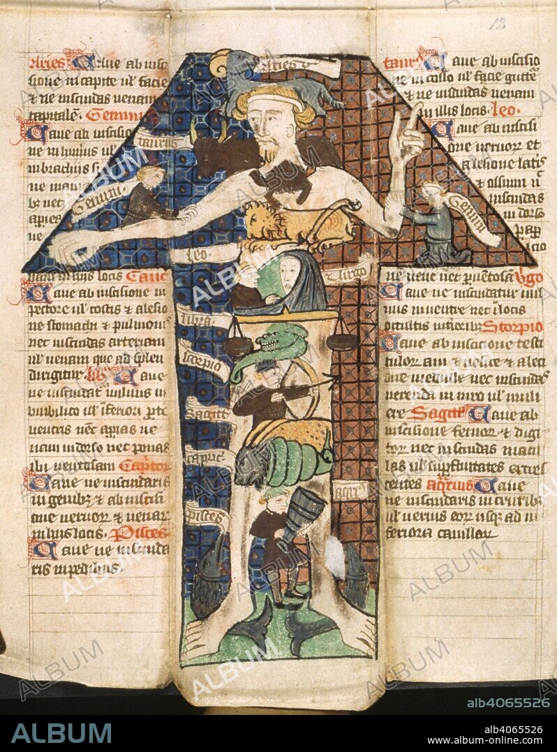 Zodiac Man. Physician's folding calander. England; first half of 15th century. [Whole section] Diagram of signs of the zodiac represented on the different parts of the body over which they hold particular influence; for example, Aries, at the head, and Pisces at the feet. With accompanying text  Image taken from Physician's folding calander.  Originally published/produced in England; first half of 15th century. . Source: Sloane 2250, Section 12. Language: Latin.
