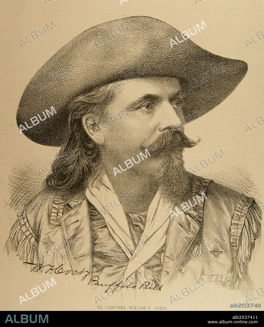 William Frederick "Buffalo Bill" Cody (1845-1917). Conocido en español como Búfalo Bill. Soldado estadounidense, cazador de búfalos y hombre de espectáculos. Grabado. "La Ilustración", año 1890.