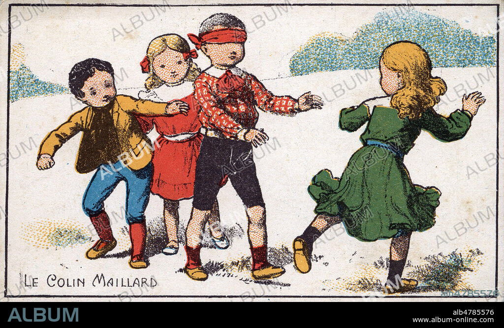 'Colin maillard'. Chromo vers 1900, serie sur les jeux d'enfants. Illustration anonyme. Credit : Collection IM/KHARBINE-TAPABOR.